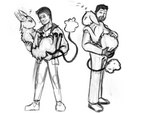 4:3 alien ambiguous_gender annoyed beard carried carrying_another clothed clothing demon_deity duo ears_down eye_contact facial_hair feral fluffy hi_res hug human inner_ear_fluff lagomorph looking_at_another male mammal monochrome pivoted_ears simple_background sivkit_(the_nature_of_predators) sketch sleeping sound_effects standing tail the_nature_of_predators tuft vowelless vowelless_sound_effect white_background zzz