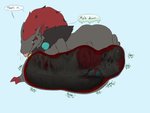 2021 3_claws 3_fingers 4:3 abdominal_bulge ambiguous_gender ambiguous_prey anthro anthro_focus anthro_pred arm_tuft barefoot barely_visible_breasts belly belly_squeeze big_belly biped black_body black_fur black_outline black_text black_tuft blep blue_background blue_eyes blue_sphere bodily_fluids bodily_noises breasts breath burble_(sound_effect) burping butt canid canine ceres_(radarn) cheek_tuft claws cramped death derived_sound_effect dialogue different_sound_effects digestion digital_media_(artwork) dominant dominant_anthro dominant_female drip_effect dripping_speech_bubble duo ear_tuft ellipsis english_text facial_markings facial_tuft fan_character fatal fatal_vore featureless_breasts feet female female_focus female_pred filth finger_claws fingers flat_colors fluffy fluffy_chest fluffy_hair forced fur fur_tuft generation_5_pokemon glup glurgle glurt green_text grey_body grey_fur hair half-closed_eyes hand_on_belly head_markings hi_res huge_belly hungry hyper hyper_belly inner_ear_fluff inside_stomach internal jewelry leg_tuft long_hair looking_back looking_up lying mammal markings melting mostly_nude motion_lines narrowed_eyes neck_tuft necklace nintendo nude on_front on_ground onomatopoeia oral_vore orb organs outline panting partially_submerged paws pingthehungryfox pink_tongue pokemon pokemon_(species) pred_focus rai_(radarn) red_claws red_hair red_markings red_tuft restrained rope rumbling_stomach sadism same_size_vore satisfied shortened_sound_effect shoulder_tuft side_boob side_view simple_background slosh sloshing_belly smile soft_vore solo_focus sound_effect_variant sound_effects speech_bubble sphere stomach stomach_acid text three-quarter_view toe_claws toes tongue tongue_out tuft vore vowelless vowelless_sound_effect zoroark