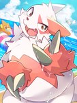 3:4 absurd_res anthro beach belly blush buizel claws duo fur generation_3_pokemon generation_4_pokemon hi_res looking_at_viewer male night_owl_zz nintendo orange_body orange_fur overweight pokemon pokemon_(species) smile white_body white_fur zangoose