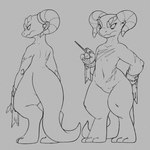 3_toes 4_fingers ambiguous_gender anthro bottom_heavy cokesero feet fingers hi_res horn katye_(bigfatwitchhat) kobold navel pupils scalie scar small_pupils solo tail thick_tail thick_thighs toes wand