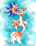 10_arms 2024 5_arms 5_fingers ambiguous_gender blue_eyes digital_media_(artwork) english_description female fin fingers fish_tail generation_1_pokemon goldeen group gym_leader hair hand_on_another's_face hi_res humanoid_merfolk in_memoriam looking_at_another marine merfolk mermaidification misty_(pokemon) mouth_closed multi_arm multi_limb nintendo nude orange_hair pokemon pokemon_(species) ponytail procreate_(artwork) side_ponytail split_form starmie staryu tail tail_fin tasteful_nudity trio twodee_weaver underwater water watercolor_(artwork)