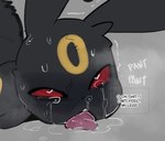 ahegao ambiguous_gender black_body black_fur bodily_fluids bubble dialogue eeveelution eye_roll feral fur generation_2_pokemon grey_background heart_eyes heart_symbol looking_pleasured markings nintendo pokemon pokemon_(species) quadruped red_eyes saliva simple_background sincastermon snot snot_bubble solo sound_effects tears text tongue tongue_out umbreon yellow_markings