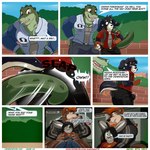 aaron_(artist) alligator alligatorid andy_porter annoyed anthro backpack bernard_(aaron) bernese_mountain_dog big_bulge big_butt black_body black_bottomwear black_clothing black_fur black_hair black_hoodie black_pants black_topwear border bottomless bottomless_male bottomwear brick_wall brown_body brown_fur buckteeth bulge butt butt_slap canid canine canis clothed clothing college college_student comic countershade_face countershading crocodilian cross-popping_vein crossed_arms dialogue dipstick_ears domestic_dog duo ear_markings ear_piercing english_text eyebrow_piercing facial_hair facial_piercing fingerless_(marking) fingerless_gloves_(marking) fraternity fur gator_jock_(aaron) gloves_(marking) graphic_tee green_body green_eyes green_scales grey_clothing grey_shirt grey_topwear hair hand_on_shoulder hands_on_hips hi_res hiding hoodie jacket jewelry lagomorph leporid letterman_jacket long_ears long_hair male male/male mammal marcelo_(aaron) markings molosser mountain_dog multicolored_ears muscular muscular_anthro muscular_male omega_symbol onomatopoeia orange_eyes orange_hair outside pants piercing plant profanity rabbit red_clothing red_eyes red_shirt red_topwear reptile scales scalie school sharp_teeth shirt short_ears short_hair sky slap sore_bottom sound_effects speech_bubble spiky_hair swiss_mountain_dog tail tail_motion tail_whip tan_body tan_fur teeth tenting text topwear tree url wall_(structure) white_border wolf