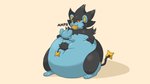 16:9 ambiguous_gender belly big_belly black_body black_fur blue_body blue_fur duo feral food force_feeding forced fur generation_4_pokemon huge_belly hyper hyper_belly luxray nintendo overweight pokemon pokemon_(species) pukupukudragon quadruped shinx simple_background size_difference sound_effects standing stuffing text thick_thighs widescreen