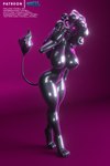 2:3 absurd_res android anthro barefoot big_breasts black_body black_skin bose_(character) breasts feet felid female genitals hair heart_eyes heart_symbol hi_res latex lion lips machine mammal navel nipples nude pantherine pink_background pinup pose pussy robot simple_background solo text toes url voxell_voxell