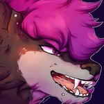 1:1 anthro black_nose brown_body brown_fur canid ear_piercing ear_stud fangs fur grey_body grey_fur hair headshot_portrait hi_res lionfloof male mammal open_mouth piercing pink_tongue portrait purple_eyes purple_hair skylar_(nibblesok) solo teeth tongue