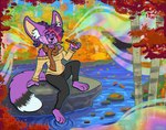 anthro autumn boulder canid canine drugs emberfox female fennec_fox forest fox leaf mammal marijuana nightlinez plant purple_body river rock smoke smoking solo tree true_fox water