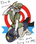 5:6 anthro clothing english_text female fur gesture hi_res kinktober lana_(naysayingmongrel) military_uniform multicolored_body multicolored_fur naysayingmongrel nuke orange_eyes orange_sclera pose pupils salute slit_pupils text the_nature_of_predators uniform venlil_(the_nature_of_predators) warhead