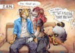 absurd_res akatan_art anthro bulge canid canine canis clothed clothing domestic_dog duo english_text erection erection_under_clothing felid femboy fishnet_clothing flustered_male fur hair hand_on_leg hand_on_thigh hi_res leopard male mammal orange_body orange_fur pantherine profanity red_hair speech_bubble tail tail_coil tenting text traditional_media_(artwork)