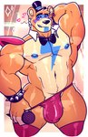 2022 abs abstract_background absurd_res anthro barazoku bear bedroom_eyes biceps big_bulge big_muscles blue_eyes blue_nipples blue_tongue border bow_tie bracelet bulge clothed clothing clothing_pull digital_media_(artwork) ear_piercing ear_ring electronics eyebrows facial_markings five_nights_at_freddy's five_nights_at_freddy's:_security_breach fur glamrock_freddy glistening_eyelids hand_behind_head hat head_markings headgear headwear heart_symbol hi_res holding_microphone holding_object huge_muscles jewelry legwear licking looking_at_viewer male mammal markings michopanq microphone muscular muscular_anthro muscular_male narrowed_eyes navel nipple_piercing nipples obliques orange_body pecs piercing portrait red_clothing red_thong red_underwear ring_piercing scottgames seductive shoulder_pads smile solo spiked_bracelet spikes standing steel_wool_studios text thick_thighs thigh_highs thong thong_pull three-quarter_portrait tongue tongue_out top_hat topless topless_anthro topless_male triceps tuft underwear underwear_pull url white_border