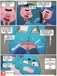 3:4 anal anal_fisting anal_penetration anthro anus blue_body bodily_fluids bottomwear butt cartoon_network clothed clothing clothing_lift comic dialogue domestic_cat domestic_pig double_anal double_anal_fisting double_penetration english_text felid feline felis fisting genitals group gynomorph hi_res ike_marshall intersex intersex/male male mammal nicole_watterson patreon patreon_logo patreon_username penetration perineum profanity rainbow_factory_shareholders skirt skirt_lift speech_bubble spread_butt spreading suid suina sus_(pig) sweat text the_amazing_world_of_gumball trio