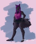 absurd_res anthro big_breasts big_butt black_body black_fur breasts butt canid canine canis clothed clothing curvy_figure digital_media_(artwork) enderium female fur hair hi_res long_hair mammal purple_body purple_eyes purple_fur rose_(enderiumdavoc) simple_background sleepypinklinx solo tail thick_thighs wide_hips wolf