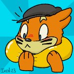 1:1 abstract_background after_transformation ambiguous_gender blue_eyes buizel clothing feral flotation_sac fur generation_4_pokemon hat hat_only headgear headgear_only headshot_portrait headwear headwear_only ixen_blazetail_(artist) looking_at_hand mammal markings mostly_nude mustelid nintendo orange_body orange_fur pokemon pokemon_(species) portrait signature solo tan_body tan_fur whisker_markings wide_eyed