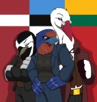 anthro avian beak bird breasts clothed clothing commander droll3 estonia estonian_flag eyewear feathers female gabriels_(droll3) glasses group hi_res hirundinid karolina_(droll3) latvia latvian_flag lithuania lithuanian_flag male motacillid non-mammal_breasts oscine parody passerine paulius_(droll3) stork swallow_(bird) wagtail white_wagtail world_war world_war_2