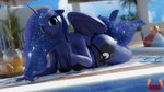 16:9 3d_(artwork) 4k absurd_res anthro anthrofied big_butt bikini blue_body blue_hair breasts butt clothed clothing digital_media_(artwork) equid equine eyelashes female flip_flops footwear friendship_is_magic hair hasbro hi_res horn loveslove lying mammal my_little_pony mythological_creature mythological_equine mythology on_front outside princess_luna_(mlp) pupils sandals shoes solo sparkles sparkling_hair swimming_pool swimwear two-piece_swimsuit widescreen winged_unicorn wings