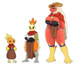 absurd_res anthro beak big_breasts black_eyes blaziken blue_eyes bottomwear breasts claws clothing combusken female generation_3_pokemon group hair hat headgear headwear hi_res huge_breasts legwear nintendo orange_body pokeball pokemon pokemon_(species) red_body scarf shirt simple_background skirt topwear torchic trio tunic urusee584 white_background white_hair yellow_body