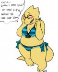 alphys anthro belly bikini biped blue_eyes blush bodily_fluids breasts buckteeth cleavage clothed clothing comic dialogue embarrassed english_text eyelashes eyewear female front_view full-length_portrait glasses kkhoppang lizard navel nerd nervous non-mammal_breasts open_mouth pigeon_toed portrait reptile scales scalie simple_background slightly_chubby slightly_chubby_female solo speech_bubble standing sweat sweatdrop swimwear tail teeth text thick_tail thick_thighs two-piece_swimsuit undertale undertale_(series) white_background yellow_body yellow_scales