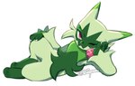 2024 ambiguous_gender anthro felid feline floragato fur generation_9_pokemon green_body green_fur lying mammal multicolored_body multicolored_fur nintendo on_side one_eye_closed pink_eyes pink_nose pokemon pokemon_(species) signature simple_background solo white_background zerpreros