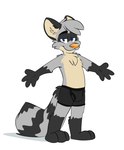 anthro autumndork barefoot black_body black_boxer_briefs black_clothing black_fur black_underwear blue_eyes boxer_briefs boxer_briefs_only bulge clothed clothing feet fur grey_body grey_fur hi_res male mammal orange_nose procyonid raccoon ringo_raccoon simple_background smile solo tan_body tan_fur tinydeerguy topless underwear underwear_only white_background