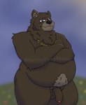 anthro balls bear belly ben_bigger big_butt brown_body brown_fur butt chain_necklace crossed_arms eye_scar facial_scar flaccid foreskin fupa fur genitals hornypurpproto humanoid_genitalia humanoid_penis jewelry looking_at_viewer male mammal mihoyo necklace overweight overweight_male penis scar solo thick_thighs zenless_zone_zero