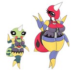 4_arms anthro ariados big_breasts black_eyes breasts clothed clothing duo female generation_2_pokemon green_body horn jacket jaws multi_arm multi_limb neckwear nintendo pokeball pokemon pokemon_(species) purple_eyes red_body simple_background spinarak stinger topwear urusee584 white_background zipper