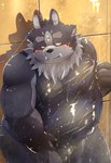 3_eyes anthro belly blush clothing embarrassed eyebrows fur grey_body grey_fur hamagiato hi_res lifewonders male multi_eye one-piece_swimsuit overweight solo swimwear thick_eyebrows tokyo_afterschool_summoners tsathoggua_(tas) tusks