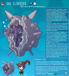 cloyster description duo english_text female generation_1_pokemon hair hi_res human humanoid kinkymation male mammal nintendo not_furry pokemon pokemon_(species) purple_body purple_hair purple_skin red_eyes shell smile species_description species_sheet text