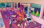 absurd_res anthro barista bulle_(prettyparty) cafe clothed clothing doran_(prettyparty) dragon earth_dragon female female_anthro flirting group hi_res inside male male_anthro multiple_piercings mythological_creature mythological_scalie mythology piercing prettyparty scalie size_difference tallie_(prettyparty) trans_(lore) trans_man_(lore) trans_woman_(lore) trio