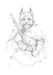 anthro cape clothing felid feline felis fur gloves hair handwear hi_res holding_object holding_weapon kodalynx looking_at_viewer lynx male mammal melee_weapon monochrome shirt skitalets smile solo sword topwear tunic weapon