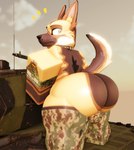 2024 3d_(artwork) anthro balls balls_in_panties balls_in_underwear big_butt black_nose bone_collar brown_body brown_fur brown_tail bubble_butt butt camo camo_clothing camo_print camo_thigh_highs camo_thong camo_underwear canid canine canis clothing digital_media_(artwork) domestic_dog emphasis_lines flecktarn fur genitals german german_flag german_shepherd glistening glistening_butt herding_dog hi_res huge_butt legwear looking_back mammal military military_clothing military_vehicle multicolored_body multicolored_fur multicolored_tail outdoor_nudity outside pastoral_dog pattern_clothing pattern_underwear roblox robloxian solo standing standing_on_vehicle surprise surprised_expression surprised_eyes surprised_look tail tan_body tan_eyes tan_fur tan_tail tank thick_thighs thigh_highs thong underwear vehicle white_sclera willie_piv