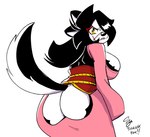 2023 anaugi angry anthro big_breasts big_butt black_body black_fur black_hair breasts butt butt_pose canid canine canis cleavage clenched_teeth clothed clothing countershading domestic_dog dress english_text eyeliner facial_scar female fur grimace hachimitsu hair hair_over_eye looking_at_viewer looking_back looking_back_at_viewer makeup mammal one_eye_obstructed ponytail pose scar side_boob signature simple_background sketch solo teeth text torn_clothing white_background white_body white_countershading white_fur yellow_eyes