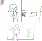 animatronic being_watched bonnie_(fnaf) box clothing comic container duo electronics fired five_nights_at_freddy's hat headgear headwear human lagomorph landline_phone leporid looking_at_another machine mammal mike_schmidt monochrome phone rabbit robot scottgames the_weaver weaver_bonnie window