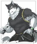 absurd_res anthro canid canine canis clock clothing domestic_dog green_eyes hi_res husky izm_rm7 lifewonders live_a_hero male mammal monomasa muscular muscular_anthro muscular_male nordic_sled_dog pecs red_sclera shirt solo spitz tank_top topwear watch wristwatch