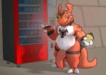 anthro bandai_namco beverage_can big_penis digimon digimon_(species) flaccid genitals guilmon hi_res looking_at_viewer male penis solo standing tapering_penis thymine vending_machine