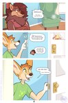 2020 abz anthro ash_(abz) bookshelf canid canine canis cel_shading chair comic dialogue digital_drawing_(artwork) digital_media_(artwork) door duo english_text excited female fennec_fox fox furniture hi_res male mammal opening_door pupspace shaded speech_bubble text true_fox wolf zee_(abz)