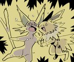 6:5 ambiguous_gender black_background duo eeveelution electricity electrocution espeon fangs feral generation_1_pokemon generation_2_pokemon hi_res jolteon kinnni-chan mammal nintendo open_mouth open_smile pokemon pokemon_(species) semi-anthro simple_background smile spiral_eyes teeth