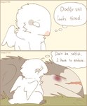 age_difference anthro avian beak bird comic dialogue digital_media_(artwork) english_text eyes_closed feathers feet female grey_body grey_feathers male pegu2726 procellariiform scar simple_background sitting tail text thought_bubble white_body white_feathers wings young younger_female