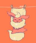 5:6 ambiguous_gender anus anus_only blush chibi clothes_pin eeveelution eyes_closed fastener feral flareon fur generation_1_pokemon neck_tuft nintendo nude orange_background pin_(fastener) pokemon pokemon_(species) red_body red_fur simple_background smile solo suspension tuft wolfwithwing x_anus