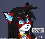 2016 android animated anthro ara_(fluff-kevlar) black_body black_fur black_hair blue_eyes blue_tongue conditional_dnp dialogue digital_media_(artwork) domestic_cat english_text epilepsy_warning eyelashes felid feline felis female fluff-kevlar fur glowing glowing_eyes hair humor jewelry looking_up low_res machine mammal multicolored_body multicolored_fur necklace open_mouth red_body red_fur robot shaded short_playtime signature solo text tongue url white_body white_fur