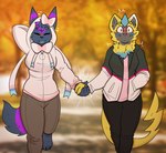 anthro biped black_body black_fur blush clothed clothing duo eeveelution female female/female front_view fur generation_2_pokemon generation_7_pokemon hand_holding hi_res hoodie kervell legendary_pokemon nicopossum nintendo pokemon pokemon_(species) topwear umbreon yellow_body yellow_fur zeraora