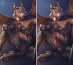 absurd_res animal_genitalia animal_humanoid animal_penis anthro anxiouslynx armor before_and_after belly_scales blonde_hair bottomwear bottomwear_aside butt cape claws clothed clothing clothing_aside collar digital_media_(artwork) dragon dragon_humanoid erection genital_slit genitals hair harness hi_res horn horn_jewelry horn_ring horned_humanoid humanoid jewelry knot loincloth loincloth_aside looking_at_viewer male mythological_creature mythological_scalie mythology penis reptile ring_(jewelry) scales scalie sitting smile solo spread_wings straps straps_across_chest teeth topwear two_panel_image underwear underwear_aside weapon wings yellow_eyes