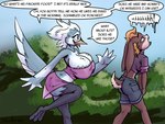 2020 4:3 anthro avian big_breasts bird blonde_hair breast_size_difference breasts brown_body brown_fur candi_(shieltar) cleavage clothed clothing dialogue duo english_text female fur hair hi_res lagomorph leporid mammal midriff rabbit rhona_(shieltar) scut_tail scuted_legs scutes shieltar short_tail tail text thin_calves thin_legs thin_thighs