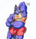 anthro armpit_hair australian_cattle_dog belly biceps bluey_(series) body_hair bottomwear bulge canid canine canis cattledog clothed clothing domestic_dog fur herding_dog hi_res male mammal musclebear muscular muscular_anthro muscular_male nipples partially_clothed pastoral_dog pecs pinumontbalou purple_body purple_fur raised_arm shirt solo stripe_heeler tail tight_bottomwear tight_clothing tight_shirt tight_topwear topwear underwear