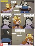 3:4 anthro armello blonde_hair bodily_fluids canid canine canis clothed clothing comic dialogue duo english_text female fox hair hi_res hilda_the_huntress ike_marshall league_of_geeks magna_(armello) mammal muscular muscular_female patreon patreon_logo patreon_username realm_royale tears text wolf yellow_eyes