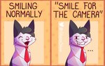 16:10 border ellipsis english_text felid feline forced_smile fur glassshine hi_res looking_at_viewer male mammal necktie open_mouth orange_border simple_background simple_eyes smile solo steve_(glassshine) text white_body white_fur widescreen