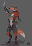 2017 anthro biped blizzard_entertainment canid canine clothing ear_piercing ear_ring eyewear female fox furgonomics goggles grey_background gun handgun hi_res knife mammal overwatch piercing pistol ranged_weapon ring_piercing simple_background solo standing suit weapon wolfdawg