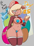 2022 3:4 5_fingers anthro armwear artist_name asian_clothing beanie blonde_hair blonde_pubes blue_background blue_beanie blue_clothing blue_hat blue_headwear blue_pasties border bottomless breastless_clothing breasts brown_armwear brown_clothing brown_legwear brown_stockings brown_topwear butt clothed clothing cuff_links detailed_background digital_media_(artwork) east_asian_clothing easter easter_egg egg english_text exposed_breasts eye_bags eyebrow_through_hair eyebrows female fingers floppy_ears front_view frown fur gradient_background grey_border hair hat headgear headwear heart_pasties hi_res holding_egg holding_object holidays japanese_clothing jyto lagomorph legwear leporid looking_at_viewer maebari mammal medium_breasts moody_(bluebreed) navel necktie necktie_between_breasts one_eye_visible partially_clothed pasties pink_nose portrait pubes shaded short_tail simple_background skindentation solo stockings tail tan_body tan_fur text thick_thighs three-quarter_portrait three-quarter_view topwear translucent translucent_hair white_beanie white_clothing white_eyes white_hat white_headwear wide_hipped_female wide_hips