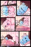 2023 absurd_res anthro azulin_(unicorn_wars) bear bed bedroom belly blue_eyes blush clothing comic detailed_background duo eyes_closed fazbeast furniture gordi_(unicorn_wars) hi_res inside lying mammal moobs pink_eyes slightly_chubby spanish_text text underwear unicorn_wars