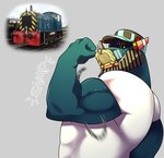 2023 anthro british_rail clothing dragon flexing flexing_bicep green_eyes hat headgear headwear hi_res how_to_dragon_your_train hybrid male muscular mythological_creature mythological_scalie mythology reference_image scalie shirt smile snap solo topwear train united_kingdom vehicle wildside