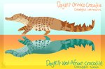 2022 ambiguous_gender brown_body brown_scales crocodile crocodilian digital_media_(artwork) duo english_text feral full-length_portrait gradient_background green_body green_scales green_text handwritten_text hi_res jaspering lineless orange_text orinoco_crocodile portrait reptile scales scalie simple_background snout species_name symmetry tail teeth text walking west_african_crocodile